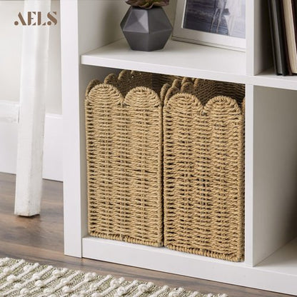 AELS Woven Natural Fibre Magazine Holder, Scalloped Edge Floor Magazine Rack, Hand-woven Organizer, Boho Modern Farmhouse Book Basket, File Newspaper Mail Holder for Office