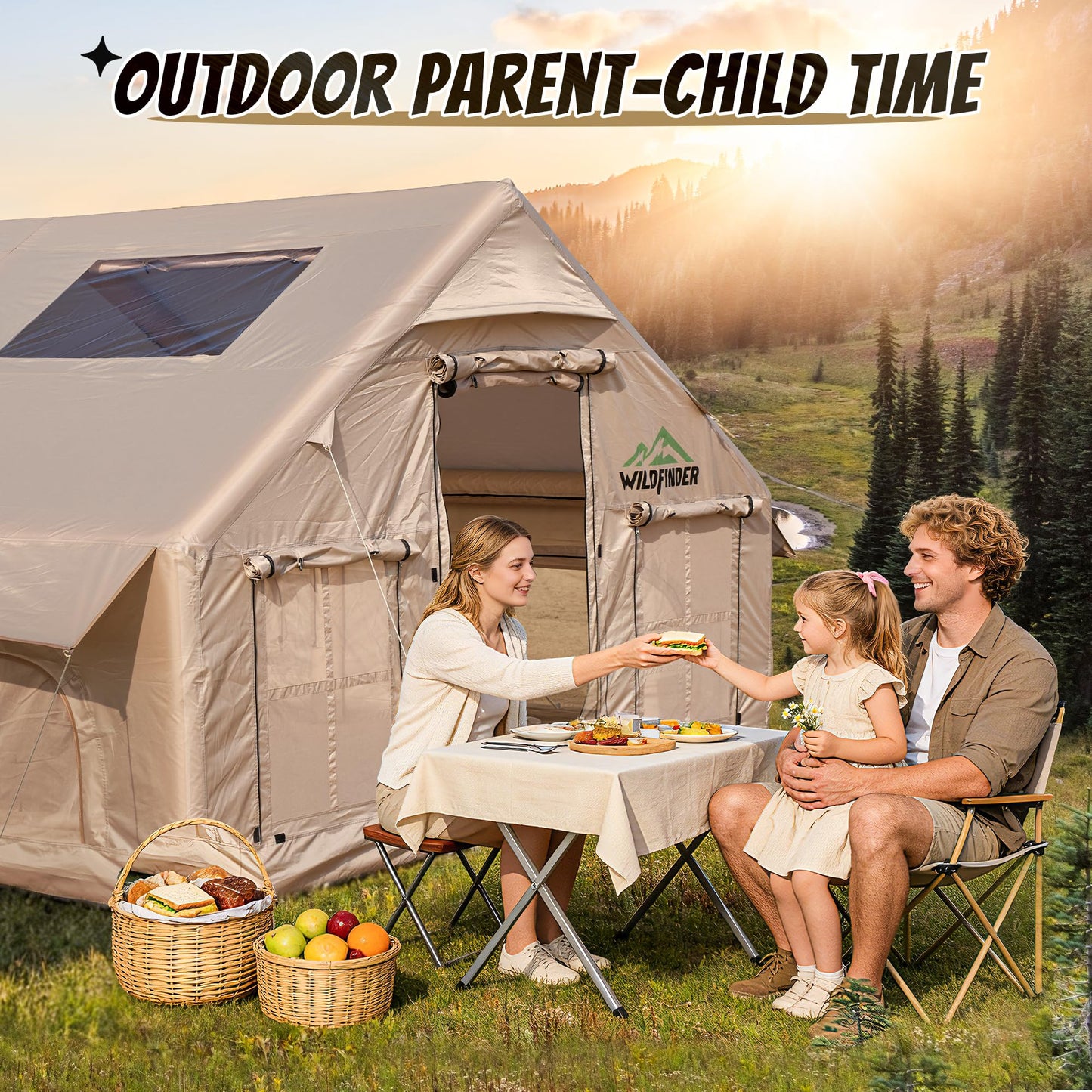 Inflatable Tent with Skylight, Quick Setup Blow Up Tents with Pump, Waterproof Oxford Inflatable House for Camping, Hot Tent with Stove Jack, Air Glamping Tents for Camping Adult 10-12 Person