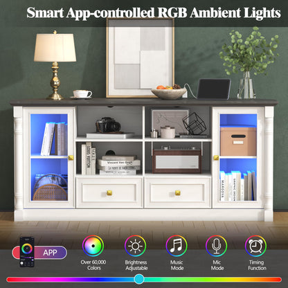 Corner TV Stand for 55 60 65 Inch TVs, Farmhouse Entertainment Center with 2 Storage Drawers and 2 Display Cabinet & Power Outlet and LED Lights, Wood TV Console Table for Living Room, Bedroom, White