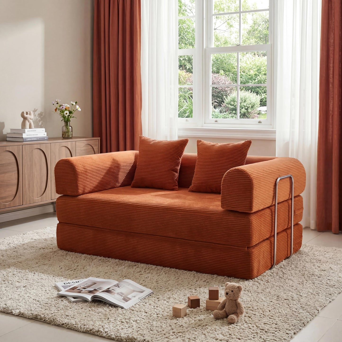 53.15"Boneless Couch,4-in-1 Futon Sofa Bed Modular Loveseat Sleeper Folding Compressed Couch with Pillows,No Assembly Required Convertible Sofa Bed for Living Room Bedroom Guest Room,Orange