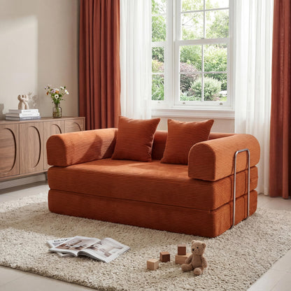 53.15"Boneless Couch,4-in-1 Futon Sofa Bed Modular Loveseat Sleeper Folding Compressed Couch with Pillows,No Assembly Required Convertible Sofa Bed for Living Room Bedroom Guest Room,Orange