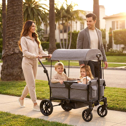 Evolur Trailblazer Wagon Double Stroller in Grey, Foldable Infant and Toddler Stroller Wagon, 5-Point Harness, Removable Canopy, All-Terrain Wheels, Spacious Storage for 2 Kids