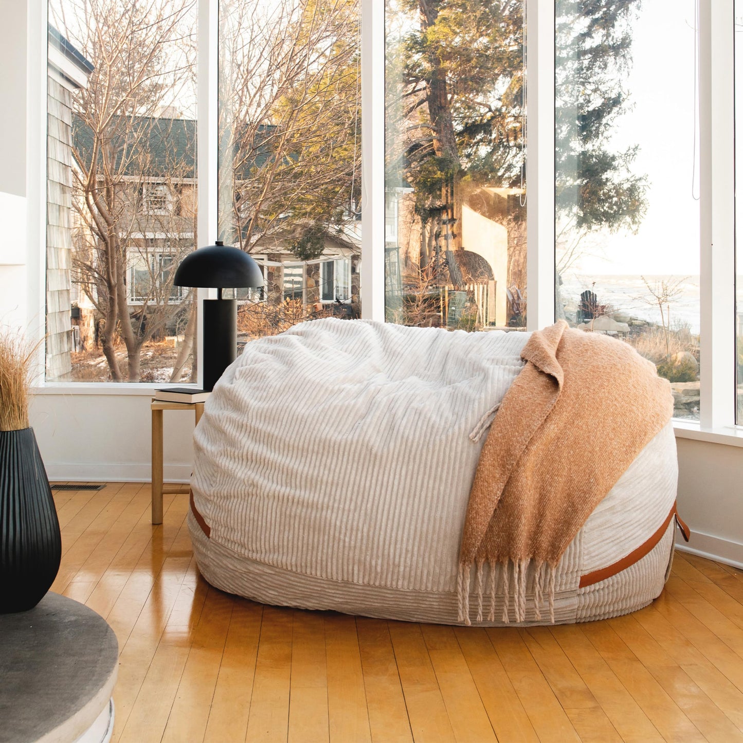Big Joe Fuf 8Ft Giant Foam Bean Bag Chair, Oversized Couch with Removable Cover for Kids, Teens, Adults, Vanilla Latte Corded Plush, 8 Foot