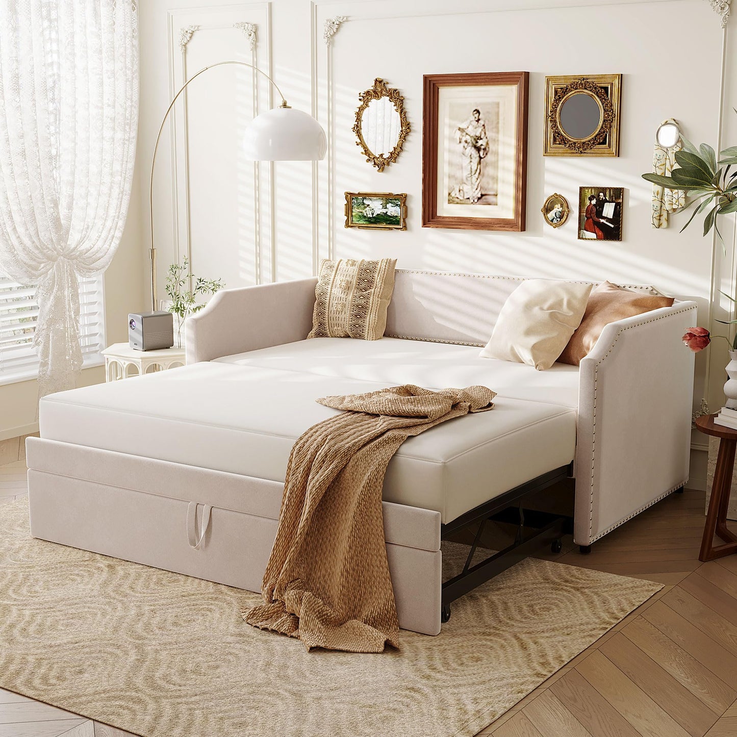 Merax Velvet Upholstered Daybed with Pop Up Trundle Twin to King Desigin, Twin Size Extendable Sofa Bed, Easy Assembly,No Box Spring Needed, Beige