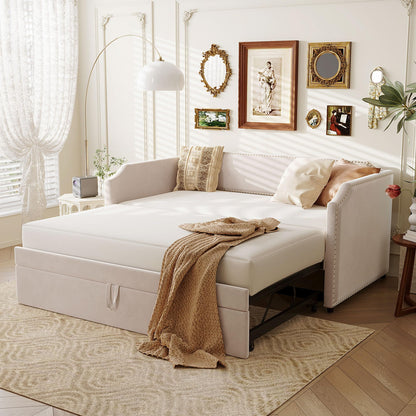Merax Velvet Upholstered Daybed with Pop Up Trundle Twin to King Desigin, Twin Size Extendable Sofa Bed, Easy Assembly,No Box Spring Needed, Beige