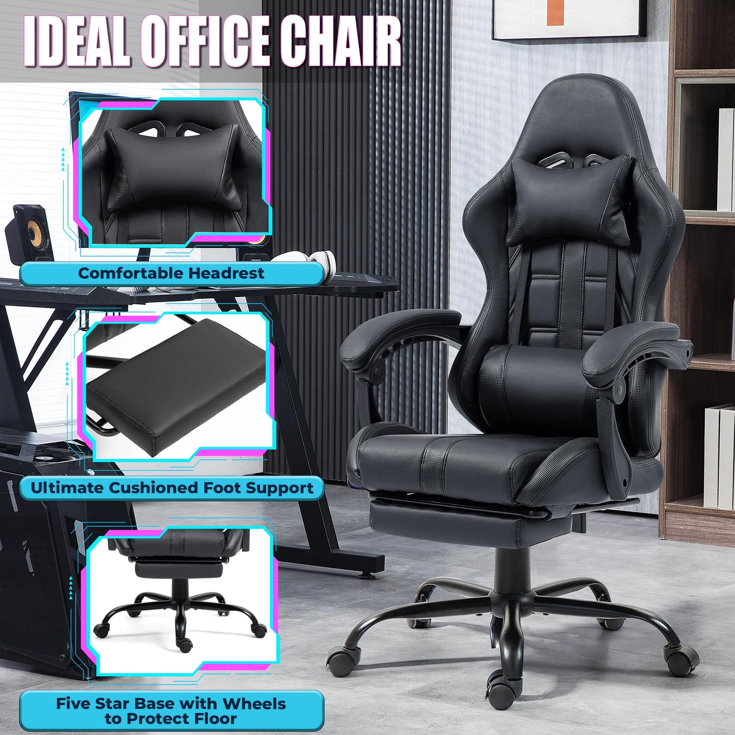Massage Gaming Chair w/Footrest, Ergonomic High Back PC Chair w/Headrest and Lumbar, PU Swivel Home Desk Office Chair, Black