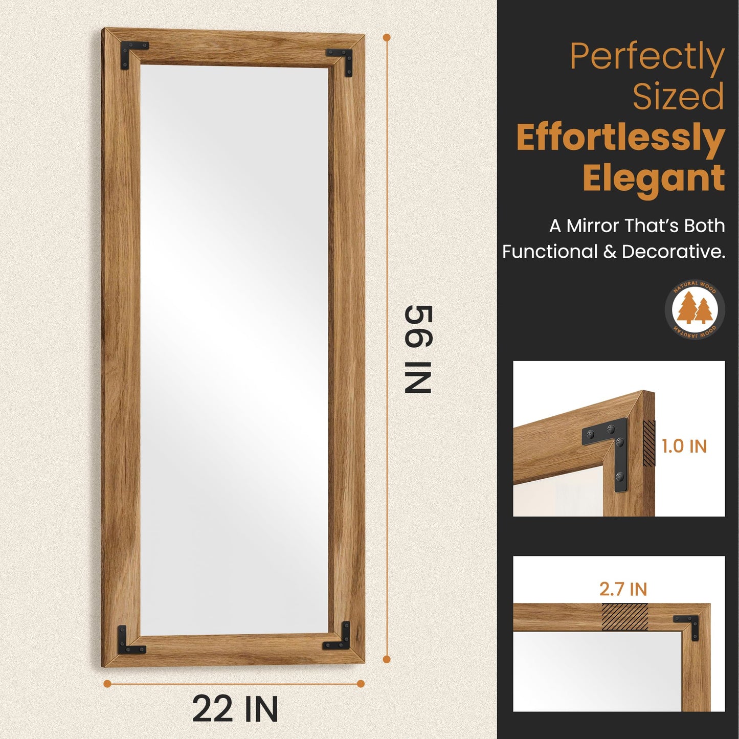 TRAHOME Full Length Mirror with Wooden Frame, 56"X22" Solid Wood Standing Floor Mirror for Farmhouse, Bathroom, Bedroom Decor, Hanging or Leaning Wall-Mounted