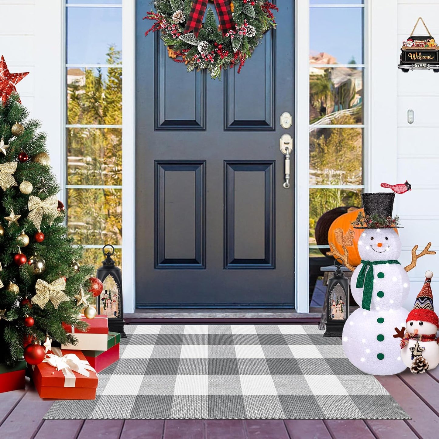 Buffalo Plaid Outdoor Rug, 2x3 Cotton Woven Rug, Grey and White Checkered, Washable
