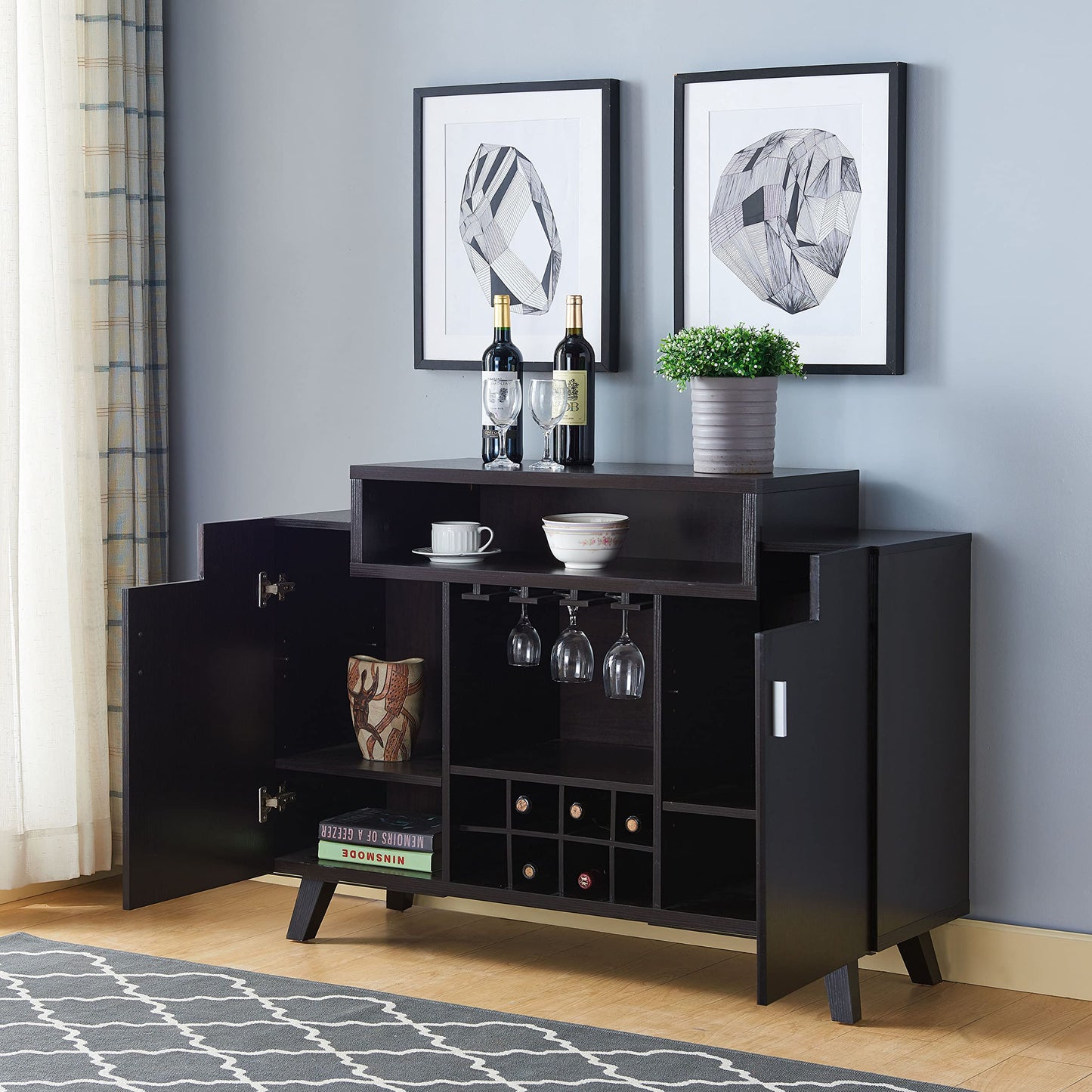 HOMES: Inside + Out Smithvale Mid-Century 5 Shelves Wood 48 in. Wine Storage Buffet, Sideboard with Stemware Rack for Dining Room, Kitchen, Cappuccino Brown