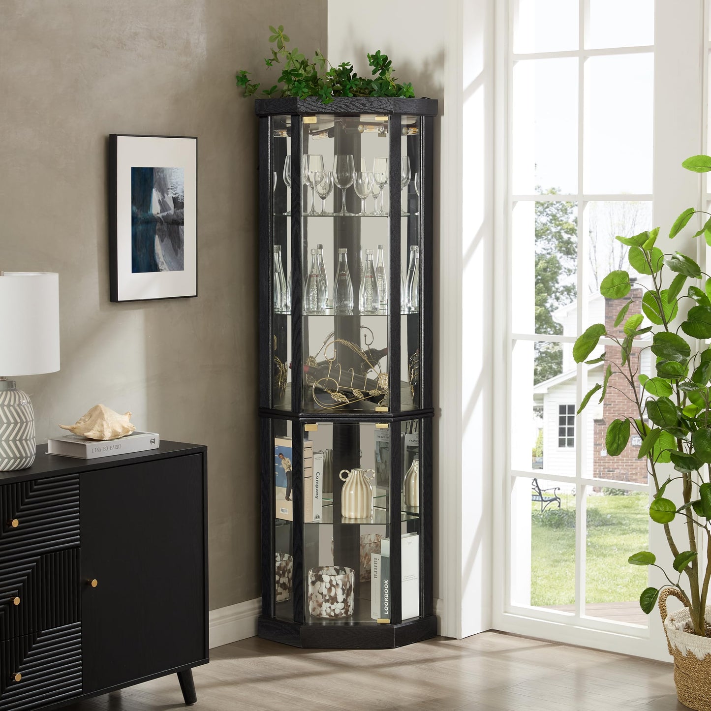 TRUNBACK Corner Curio Cabinet, 150lbs Heavy Duty Glass Display Cabinet with Light, 70" Tall 5-Tier Wine Bar China Cabinet with Tempered Glass Doors & Mirrored Back for Collectibles, Black