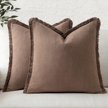 MIULEE Christmas Decorative Throw Pillow Covers Neutral Linen Fringe Fall Throw Pillows Set of 2 Natural Beige Boho Farmhouse Cushion Covers with Tassels for Couch Sofa Bed Home Decor 20x20 Inch