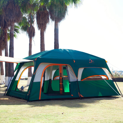 KTT Extra Large Tent 12 Person,2 Bay-Windows,Family Cabin Tents,14'Lx10'Wx6.58'H,2 Rooms and 3 Doors 3 Windows with Mesh,Waterproof,Straight Wall,Big Tent for Outdoor,Picnic,Camping,Gathering(Green)