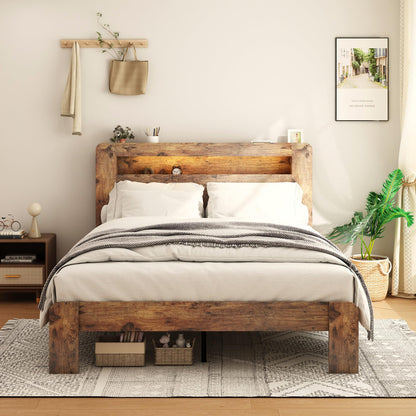 KEIKI Bed Frame King Size, Wood Platform Bed Frame with Storage LED Light Headboard and 2 USB, Noise Free, No Box Spring Needed and Easy Assembly Tool, Large Under Bed Storage, Dark Brown