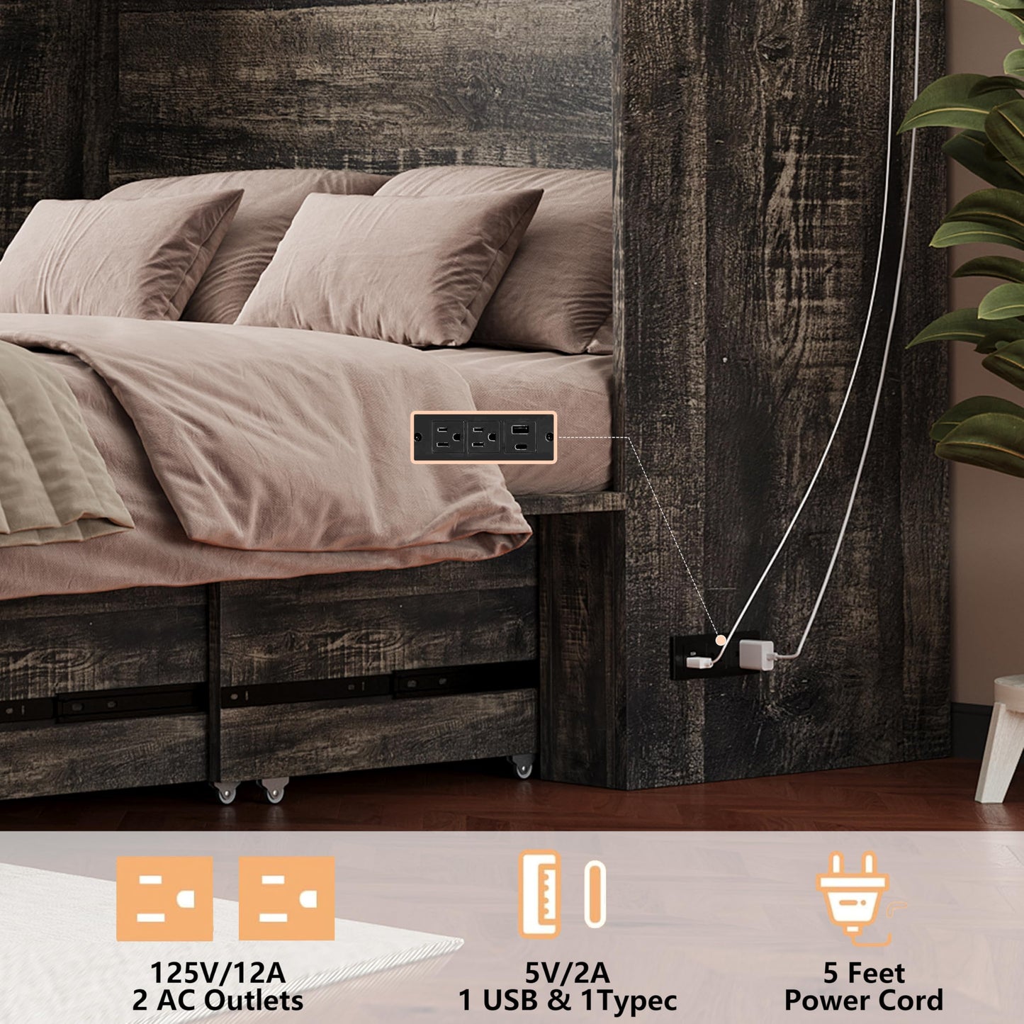 Queen Murphy Bed with Charging Station,Farmhouse Murphy Beds w/Large Storage Drawer,Hideaway Foldable Platform Bed for Guest Bedroom, Living Room, Office,Small Room,Pull Out Bedframe,Grey