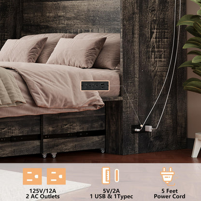 Queen Murphy Bed with Charging Station,Farmhouse Murphy Beds w/Large Storage Drawer,Hideaway Foldable Platform Bed for Guest Bedroom, Living Room, Office,Small Room,Pull Out Bedframe,Grey