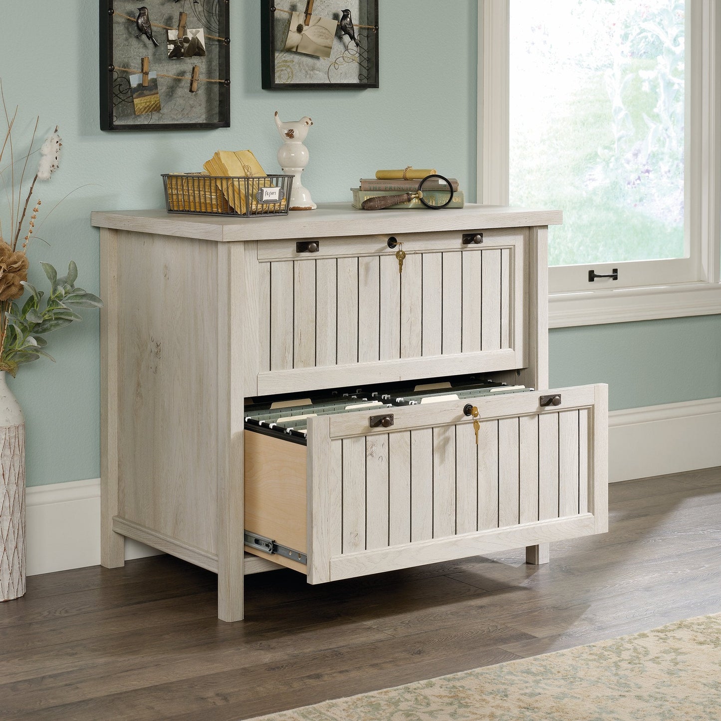 Sauder Costa 2 Drawer Lateral File Cabinet with Lock for Home Office, in Chalked Chestnut