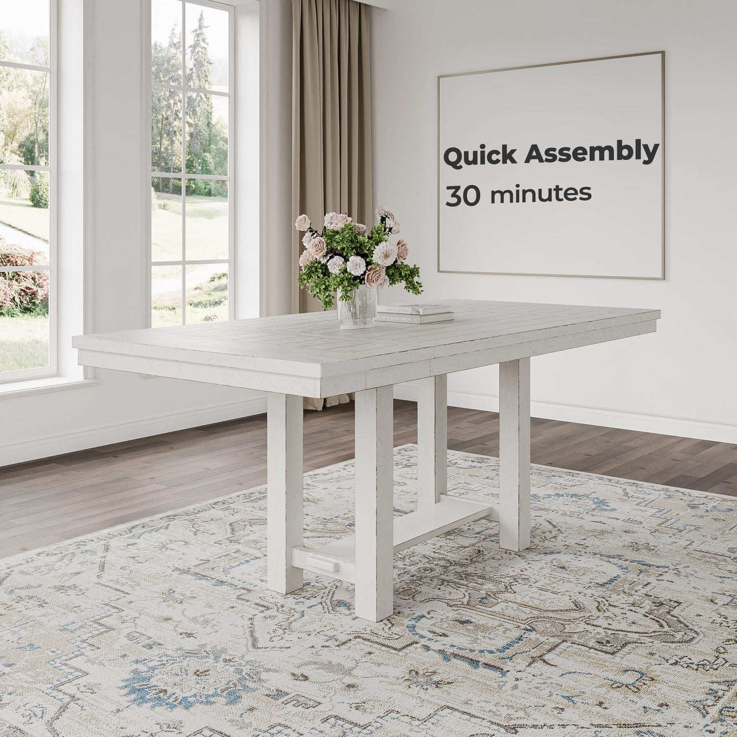 Signature Design by Ashley Robbinsdale Farmhouse Distressed Counter Height Dining Extension Table with Trestle Base, Planked Effect and 2 Removable End Leaves, White