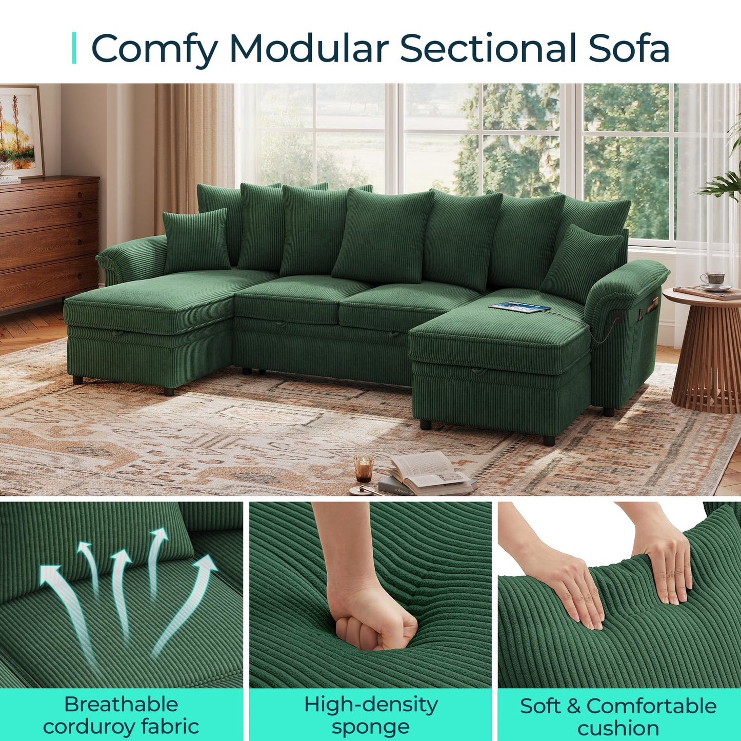 LINSY HOME Oversized Sectional Sleeper Sofa with Pull Out Couch Bed (Green, 118.5'')