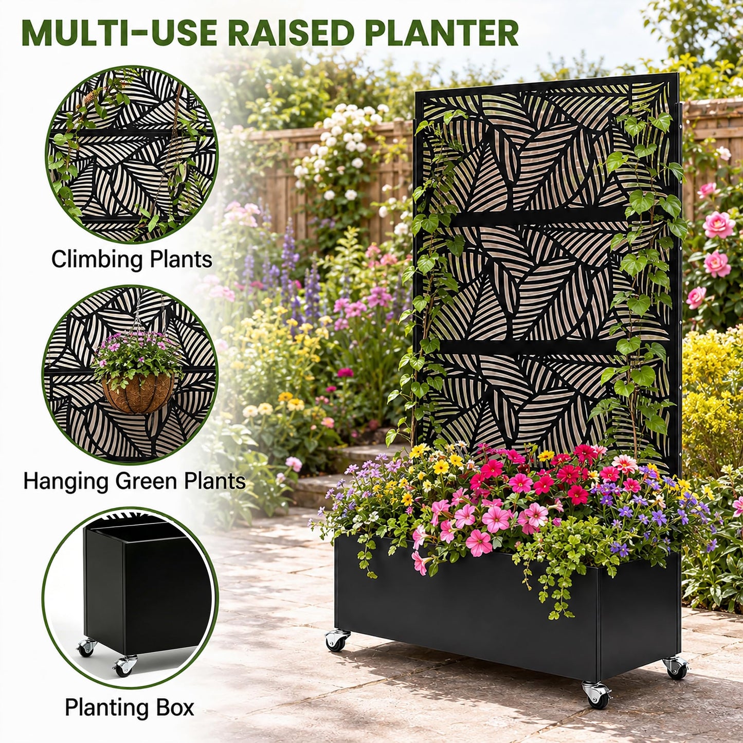 Veemuaro Metal Planter Box with Trellis, 70" H × 46" L Freestanding Outdoor Raised Garden Bed with Privacy Screen, Wheels and Drainage Holes, Leaf Privacy Screen Planter Box for Garden, 2PCS
