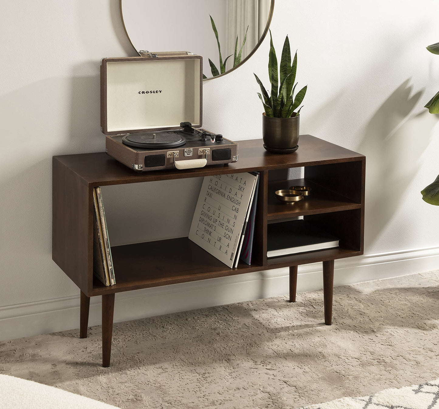 Kate and Laurel Locklear Midcentury Console Table, 38 x 14 x 25, Walnut Brown, Modern Wooden Console With Three Storage Shelves