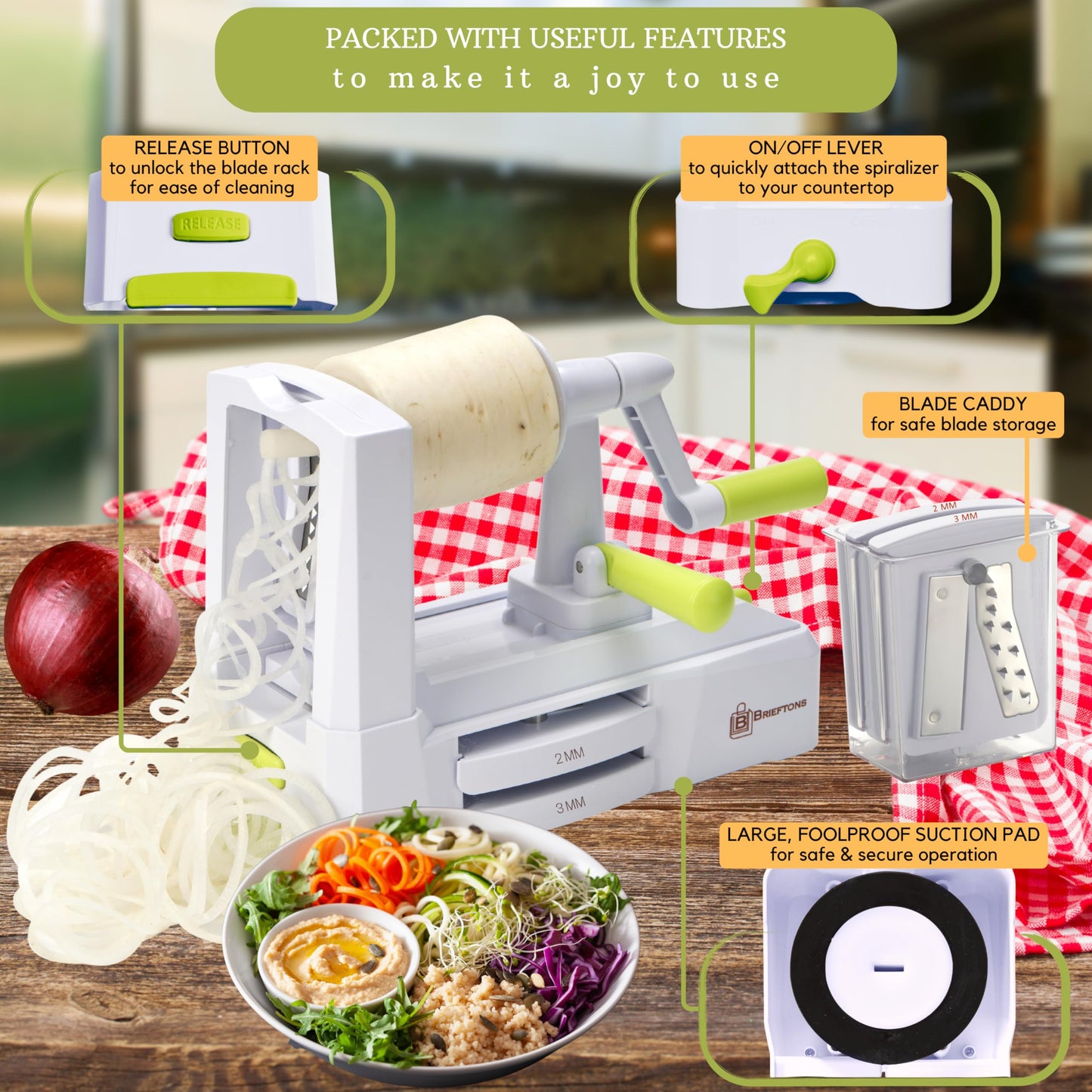 Brieftons 5-Blade Vegetable Spiralizer: Best Zucchini Spiral Slicer & Veggie Noodle Maker, Japanese Steel Blades, Strong Suction Cup, Blade Caddy, 4 Recipe eBooks | Low Carb, Vegan, Paleo, Gluten-Free
