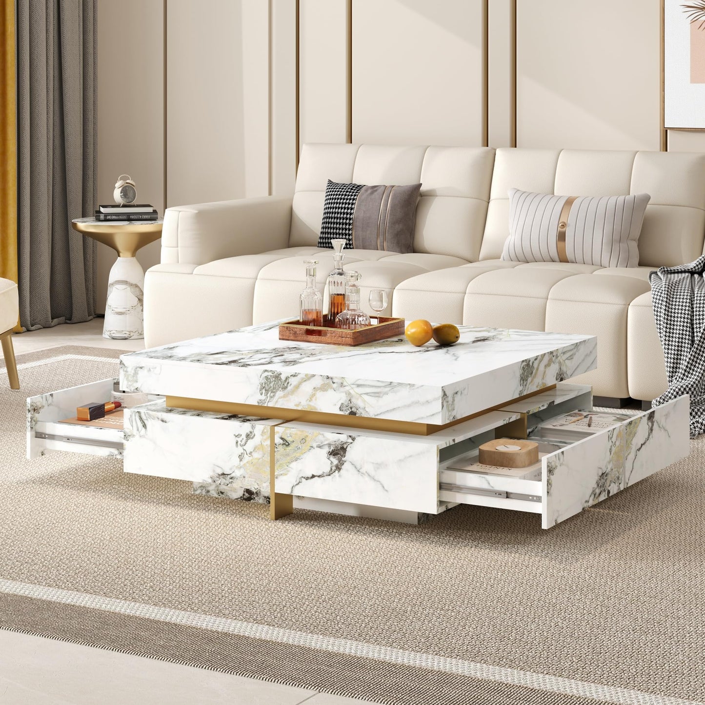 Merax 43.3 Inch Modern Large Square Coffee Table with Marble Textured Top, 4 Built-in Drawers Ample Storage and Floating Suspended Base, Modern Elegance White MDF Storage Center Table for Living Room