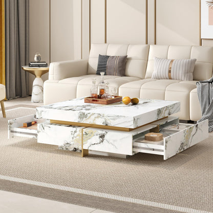 Merax 43.3 Inch Modern Large Square Coffee Table with Marble Textured Top, 4 Built-in Drawers Ample Storage and Floating Suspended Base, Modern Elegance White MDF Storage Center Table for Living Room