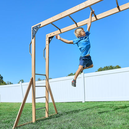 Backyard Discovery Dover Bay Spruce Wood Swing Set with Wave Slide, Clubhouse, Monkey Bars, Rock Wall, Belt Swings, Step Ladder, Toy Telescope, Chalkboard, Outdoor Playset