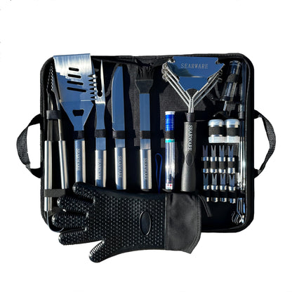 SEARWARE Barbecue Grill Tool Set - Stainless Steel - Strong Durable Design - Heat Resistant Glove & Bristle Free Grill Brush - Thermometer, Meat Injector, & Corn Skewers - Perfect For Smokers & Grills
