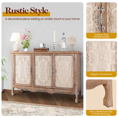FansaFurn Accent Storage Cabinet with 3 Carved Doors and Shelves, Farmhouse Sideboard Buffet Sideboard with Storage, Wood Kitchen Cabinet for Living Room, Entryway, Dining Room and Kitchen, Natural