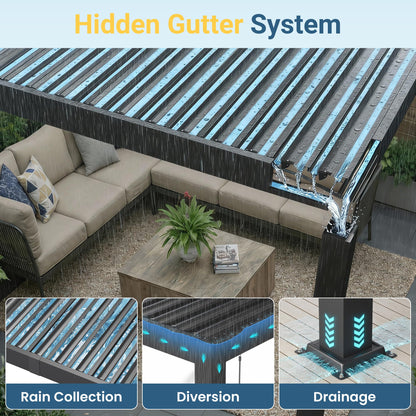 12' x 16' Louvered Pergola, Metal Outdoor Pergola with Adjustable Louvered Roof & Gutter System, Hardtop Patio Gazebo for Backyard, Deck, Garden, Dark Gray