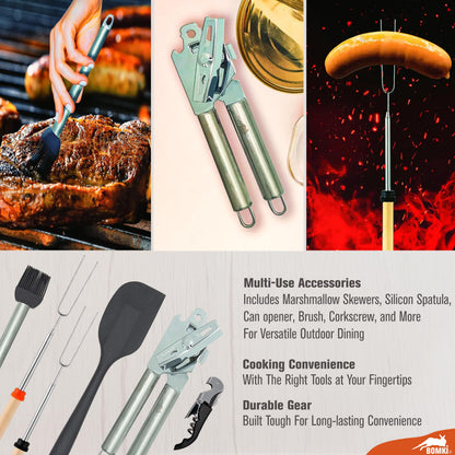 BOMKI Grilling & Camping Cooking Utensils - BBQ & Camping Kitchen Set - Cookware Accessories - Black Pro