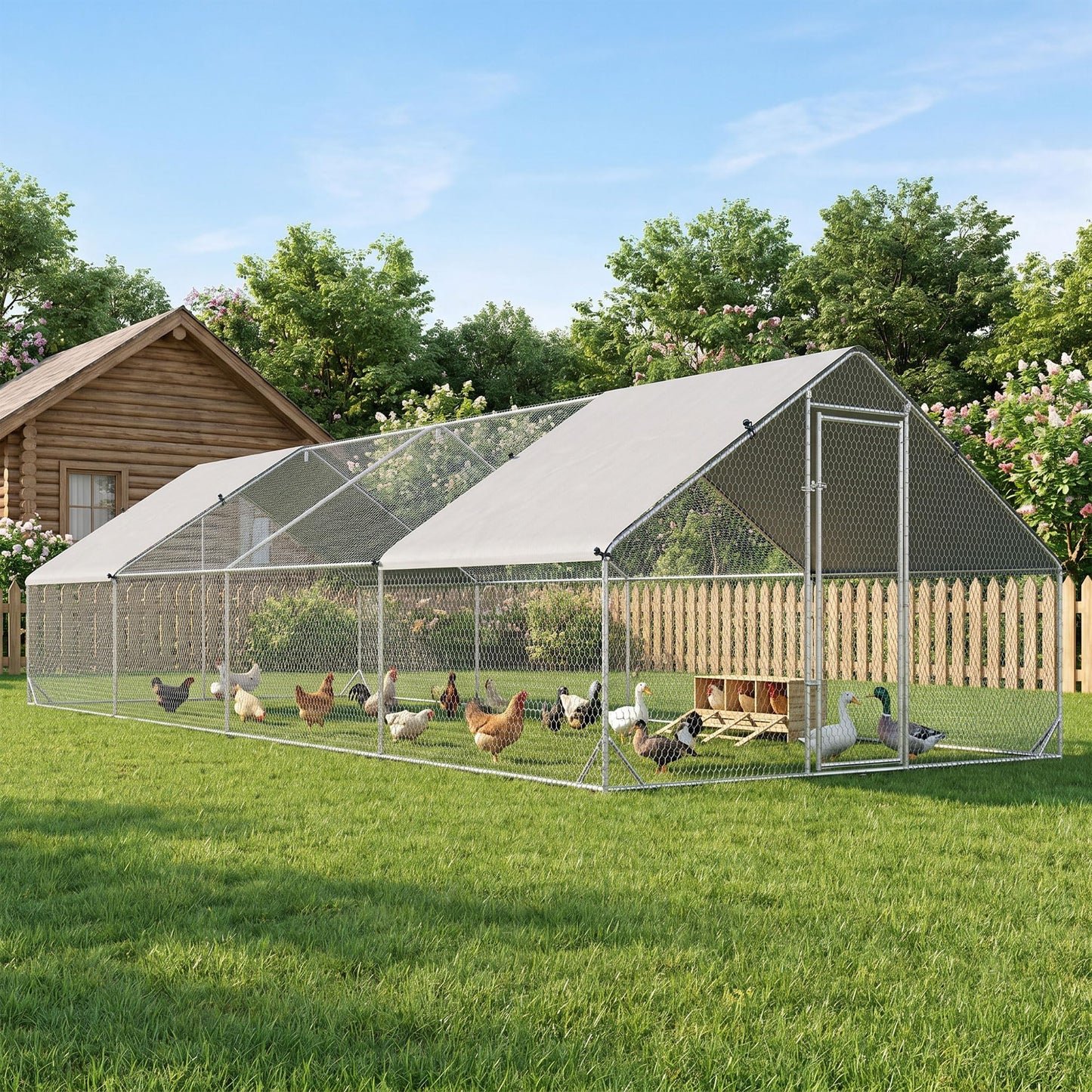 PawHut Large Chicken Coop Metal Chicken Run with Waterproof and Anti-UV Cover, Spire Shaped Walk in Fence Cage Hen House for Outdoor and Yard Farm Use, 1" Tube Diameter, 9.8' x 26.2' x 6.6'