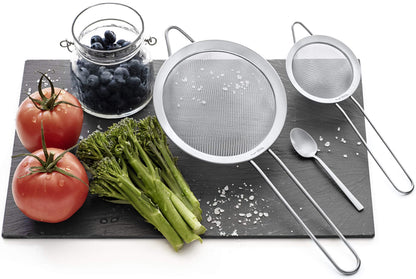 Proto Future Strainer Set Fine Mesh – Premium 304 Stainless Steel (18/8) – 8″, 5.5″ and 3.3″ Sturdy Kitchen Strainers (Silver)