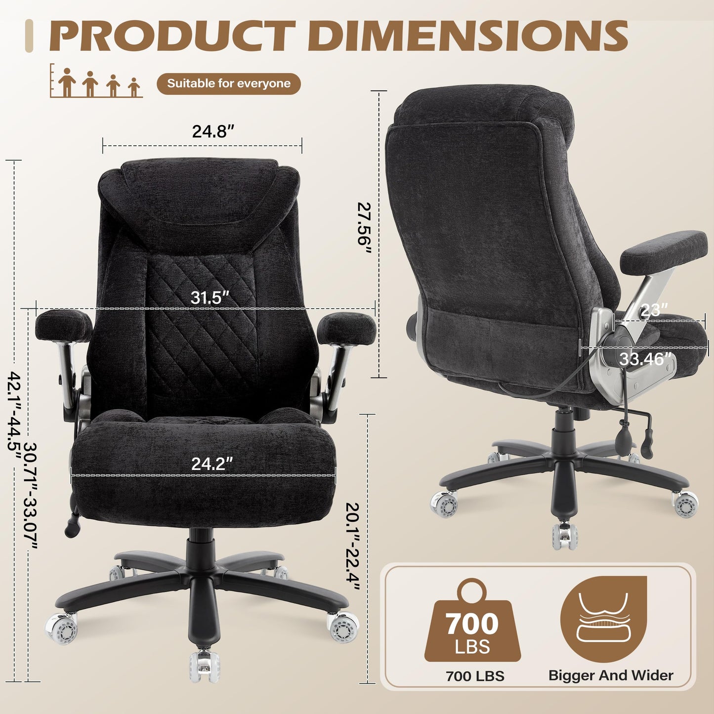 Fabric 700lbs Big and Tall Office Chair, Ergonomic Heavy Duty Executive Cloth Office Chair with 5D Flip Arms & Adjustable Lumbar Support & Dual Rubber Wheel, Large Thick Padded Extra Wide Seat, Black