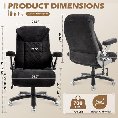 Fabric 700lbs Big and Tall Office Chair, Ergonomic Heavy Duty Executive Cloth Office Chair with 5D Flip Arms & Adjustable Lumbar Support & Dual Rubber Wheel, Large Thick Padded Extra Wide Seat, Black