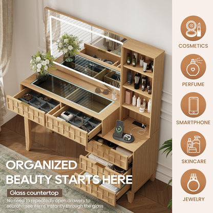 MALOL 50" Checkerboard Vanity Desk, Large Glass Top Dressing Table with 5 Drawers & 4 Storage Shelves, Wooden Makeup Vanity with Built-in Power Strip with USB & Type-C, Natural Wood
