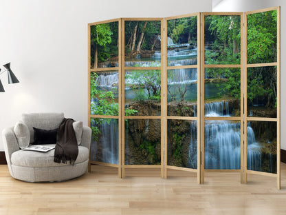 artgeist Japanese Room Divider XXL Landscape Waterfall Nature 90 x 67 in - 5 Panel Folding Screen Japan Design Home Decoration Art Deco Forest c-B-10008-z-a