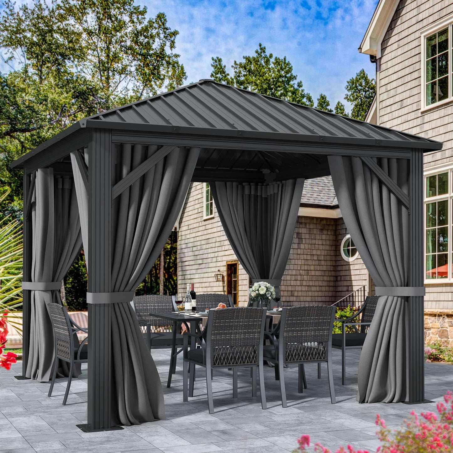 YITAHOME 10X10FT Metal Hardtop Gazebo Outdoor Patio Single Top Canopy Galvanized Iron Aluminum Column Garden Tent Curtains Netting for Backyards Decks Lawns,Gray