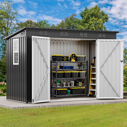 DWVO 9x4ft Large Tool Storage Shed with Window, Lockable Doors, and Sloped Roof, Oversized Steel Outdoor Storage Shed for Garden, Patio, Garage, Backyard, Lawn - Dark Gray
