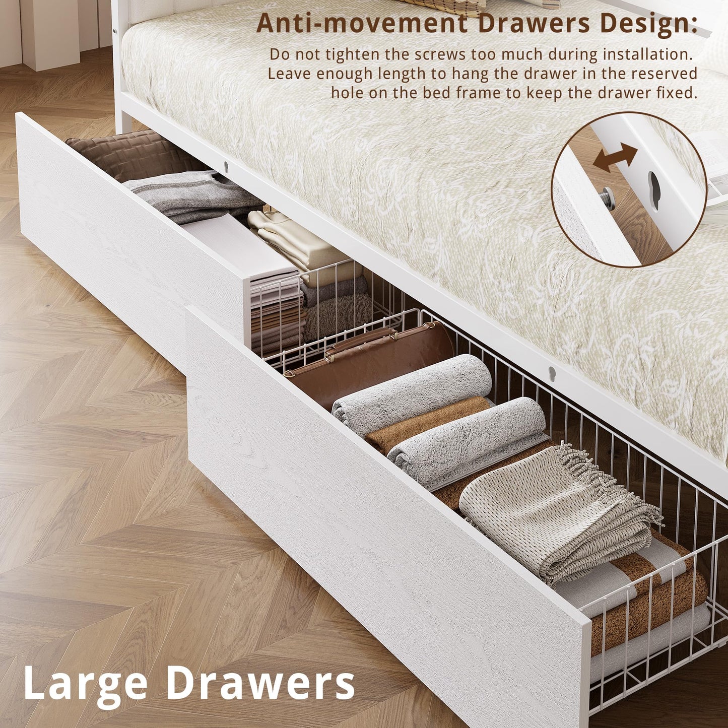 IRONCK Twin Size Daybed with Storage Drawers, Sturdy Metal Bed Frame with X-Shaped Headboard and Charging Station, Upholstered Farmhouse Daybed for Living Room, Bedroom, and Guest Room, White/Walnut