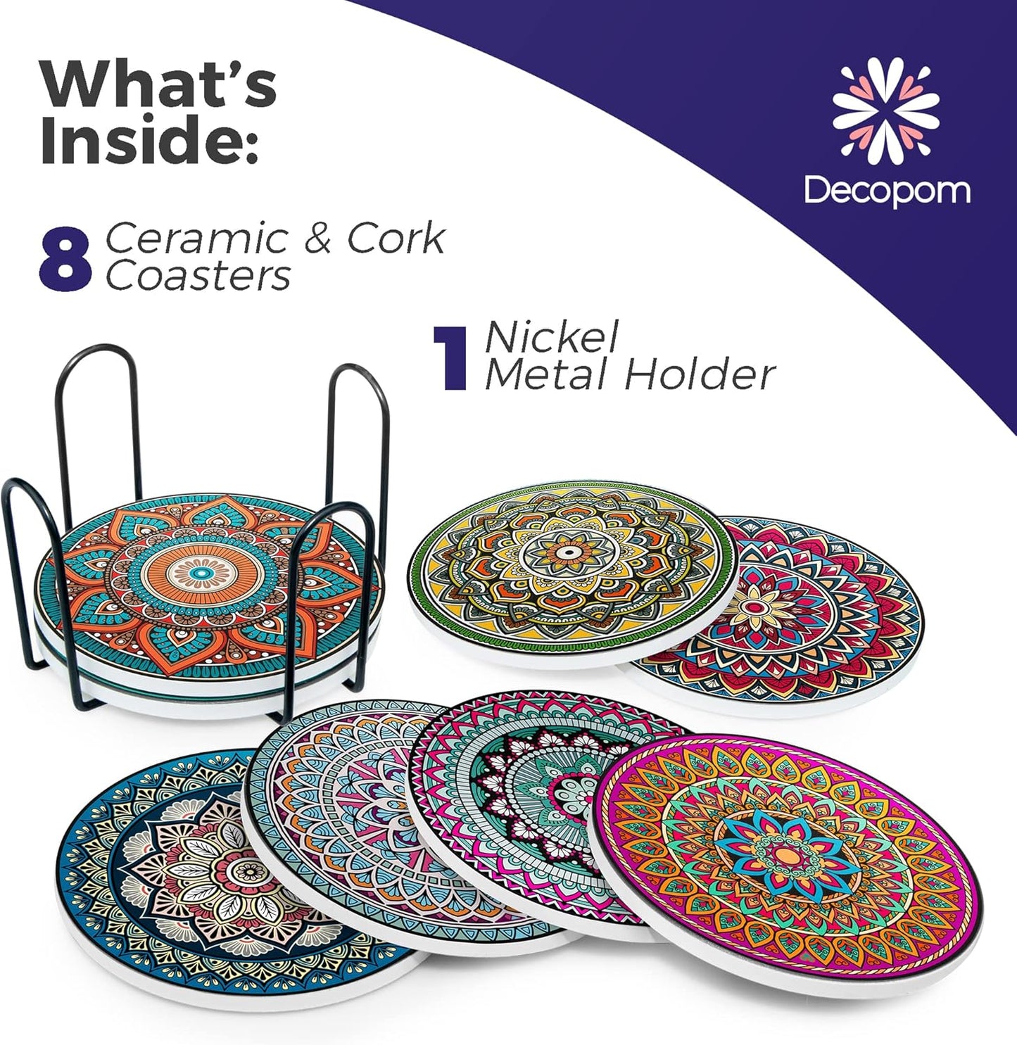 8 Set Mandala Drink Coasters with Holder - Ceramic Boho Coaster for Drinks Absorbent with Cork Base and Black Holder
