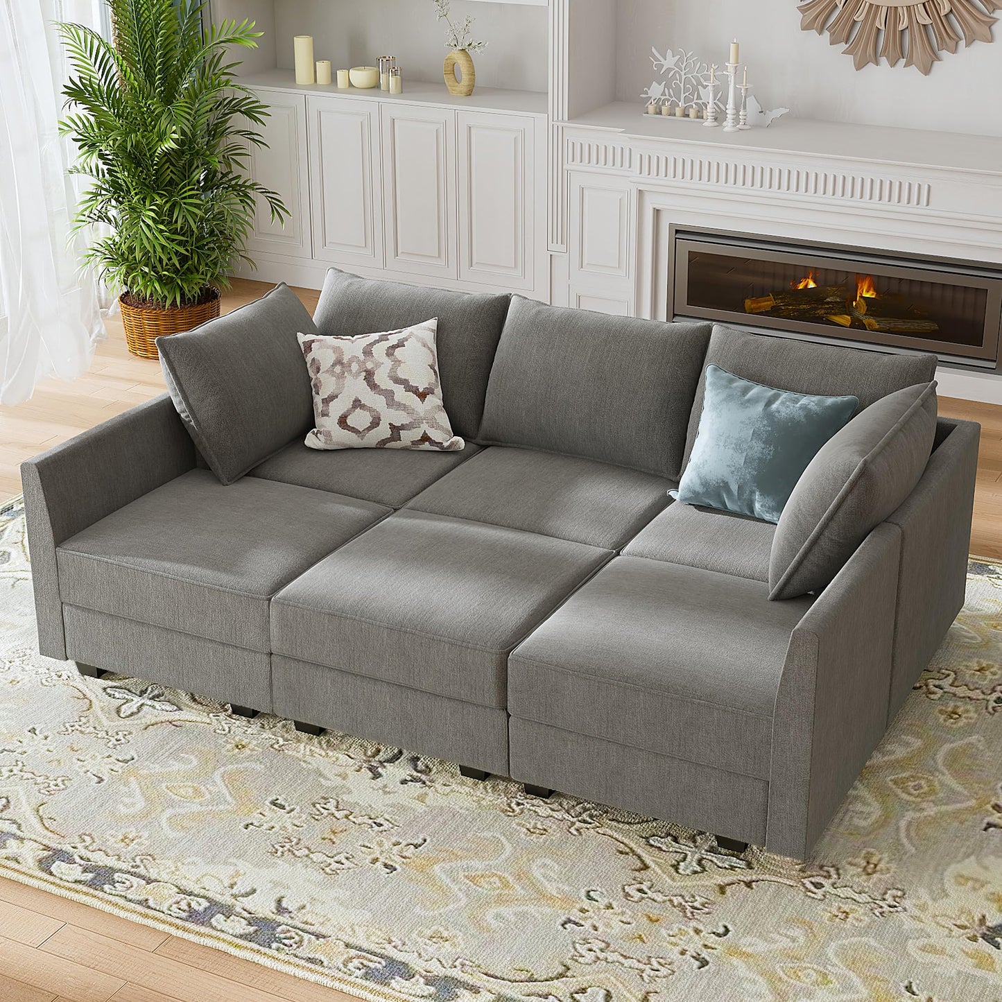 HONBAY Modular Sectional Sleeper Sofa Reversible Modular Couch with Storage Seats Modular Sleeper Sectional Sofa with Storage Ottoman, Grey