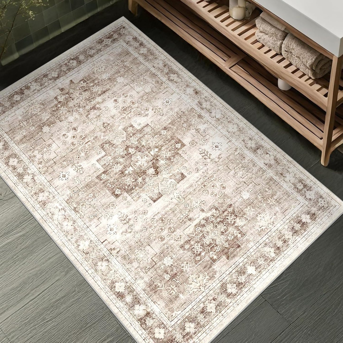 Regine Switzerland Washable Large Entryway Rug - Non-Slip Boho Vintage Floral Design | 3x4 Beige/Latte