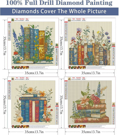 RYMILIE 4 Pack Diamond Art Painting Kits for Adults, DIY Flower Books Diamond Painting Kits Round Diamond Dots for Adults,5D Full Drill Painting Kit Art and Crafts for Adult Home Wall Decor 14x14inch