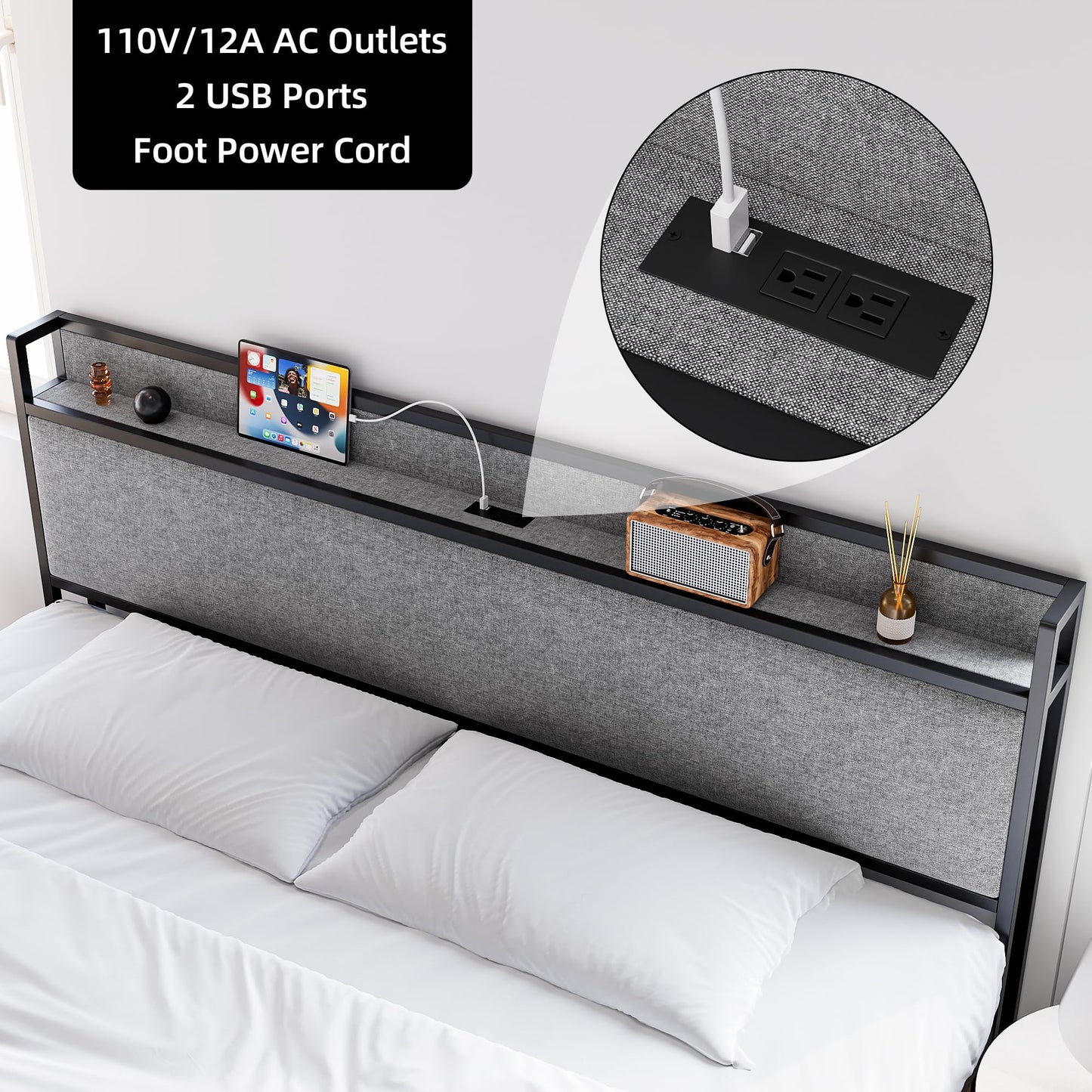 Garvee King Size Bed Frame with 2 Storage Drawers and USB Ports, Upholstered Platform Bed with Headboard, Sturdy & Noise Free, Under Bed Storage, No Box Spring Needed, Gray