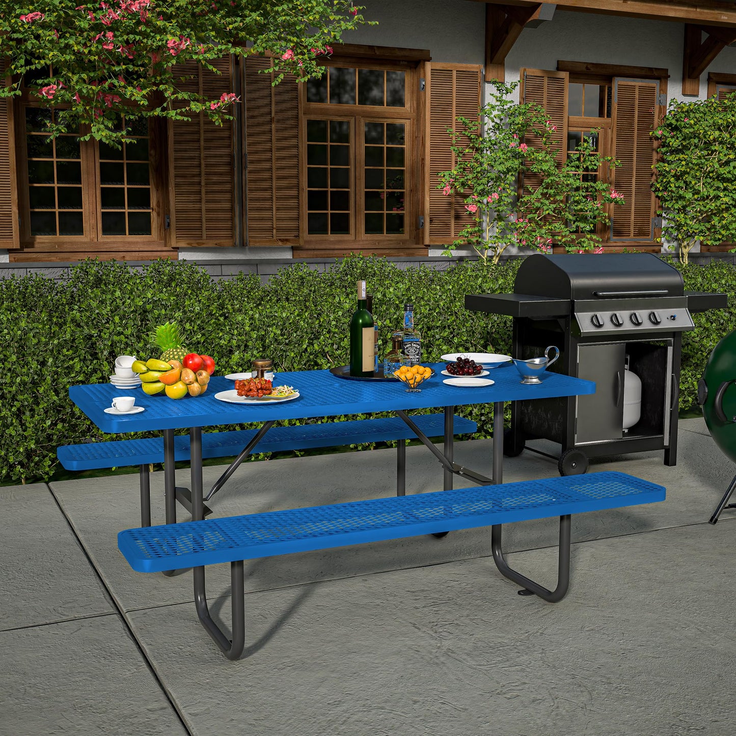 Dvasovio 72'' Rectangular Metal Picnic Table with 1.73" Umbrella Hole, Heavy Duty Steel Mesh Table Set, Weather Resistant Sturdy Outdoor Furniture, for Patio, Garden, Courtyard & BBQ, Blue
