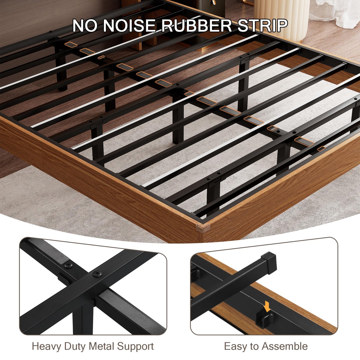 Einhomn King Size Bed Frame with LED Lights & Charging Station – Wood Floating Bed Frame with Storage Headboard, Adhesive Slats, Kick-Free & Noise-Free Design, Easy Assembly, Walnut