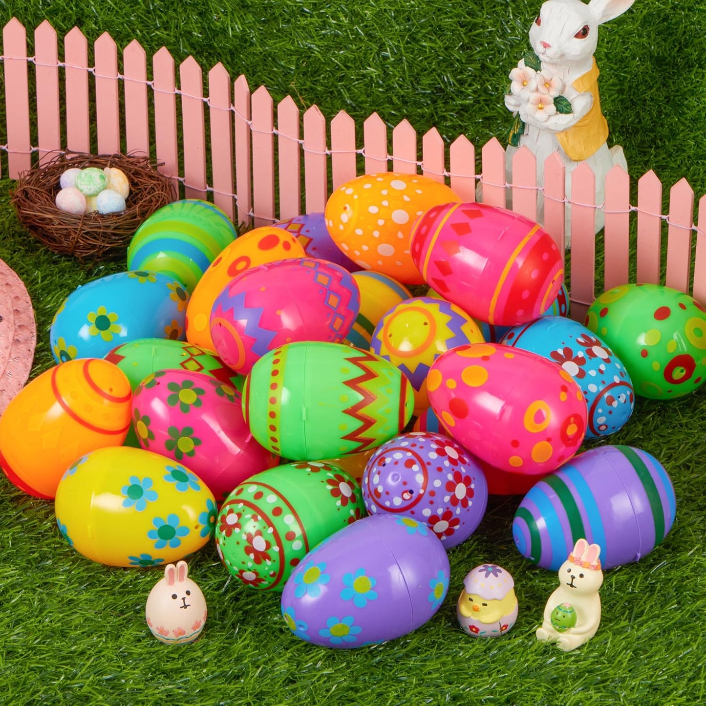 3.15Inch Favor-24 JOYIN Printed Plastic Eggs Colorful, Fillable Empty Eggs Bulks for Easter Hunt Event, Party pcs