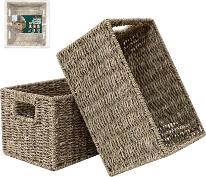 HOMESTEAD Seagrass Baskets with Built-in Handles for Storage, 13.5" x 8" Medium Rectangular Wicker Basket, 2 Packs